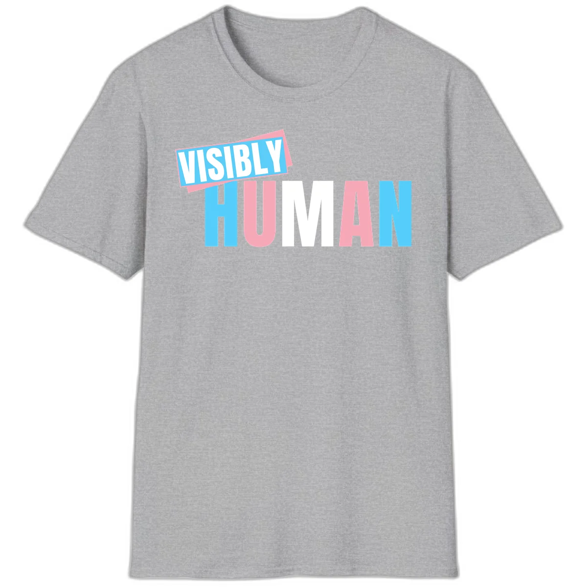 Bold typography design reading 'VISIBLY HUMAN' in cyan, pink, and white letters with diagonal 'VISIBLY' banner overlay on gray background in Sport Grey