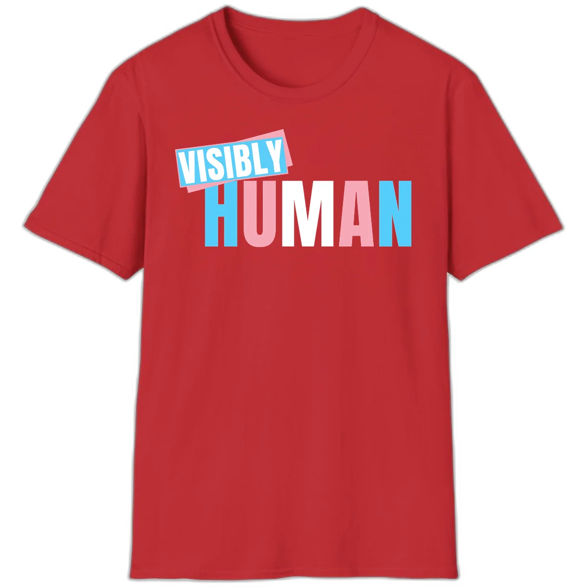 Bold typography design reading 'VISIBLY HUMAN' in cyan, pink, and white letters with diagonal 'VISIBLY' banner overlay on gray background in Red