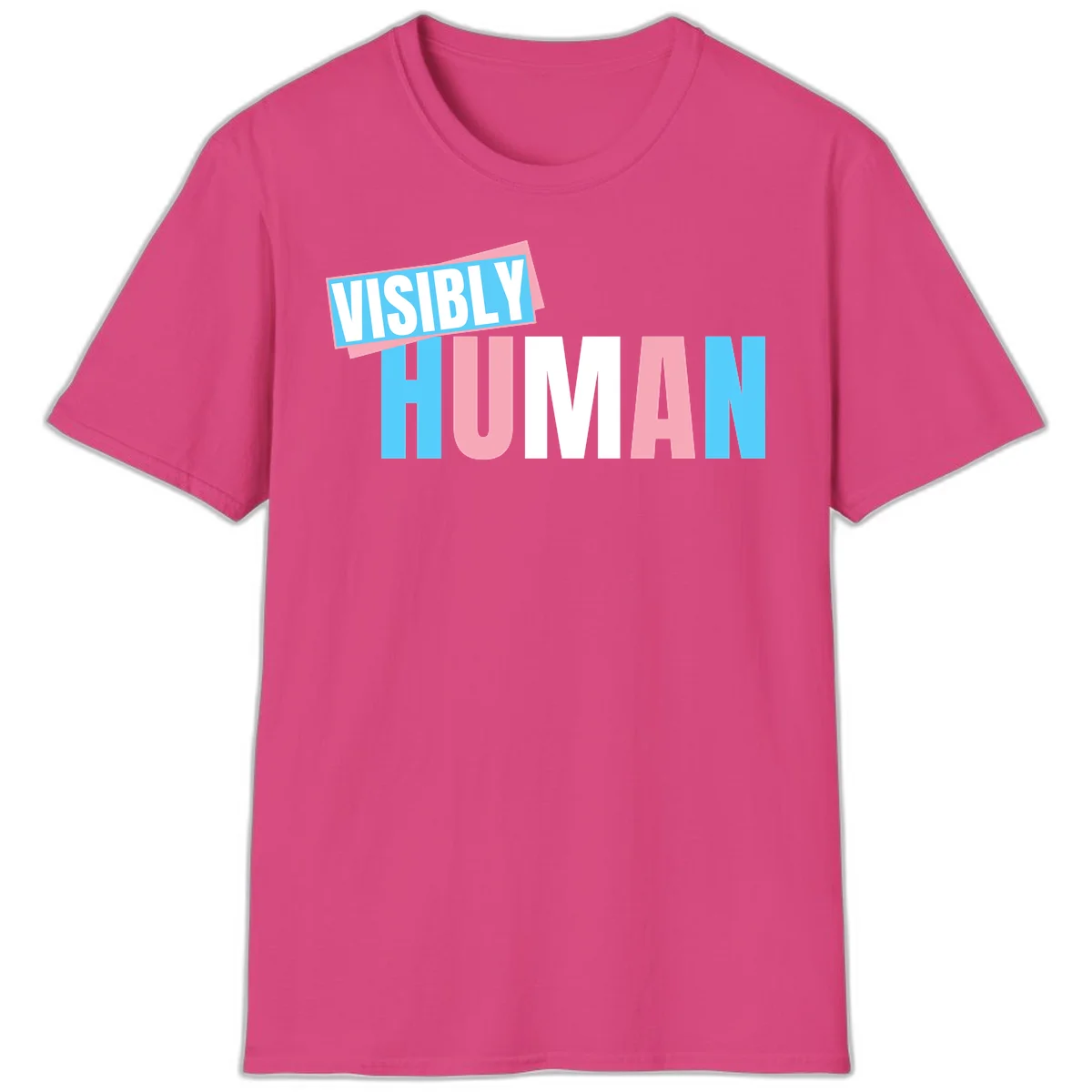 Bold typography design reading 'VISIBLY HUMAN' in cyan, pink, and white letters with diagonal 'VISIBLY' banner overlay on gray background in Heliconia