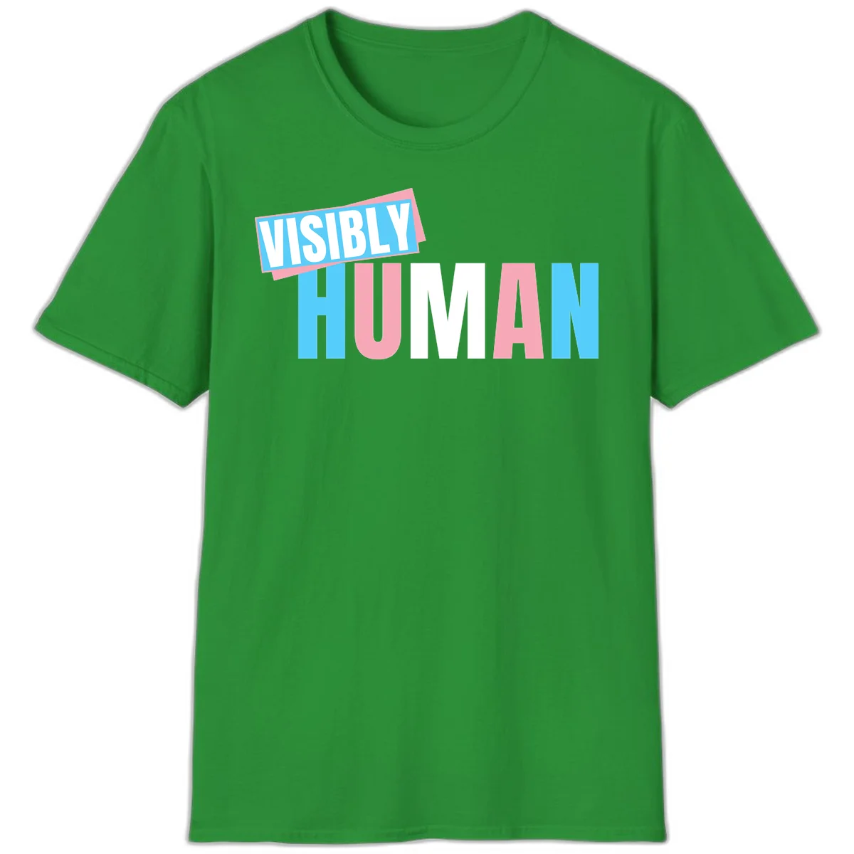 Bold typography design reading 'VISIBLY HUMAN' in cyan, pink, and white letters with diagonal 'VISIBLY' banner overlay on gray background in Irish Green