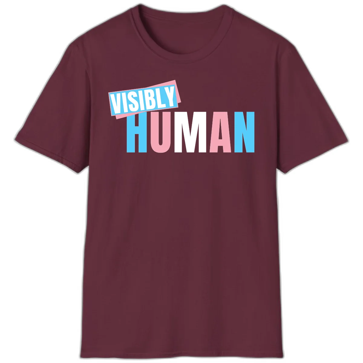 Bold typography design reading 'VISIBLY HUMAN' in cyan, pink, and white letters with diagonal 'VISIBLY' banner overlay on gray background in Maroon