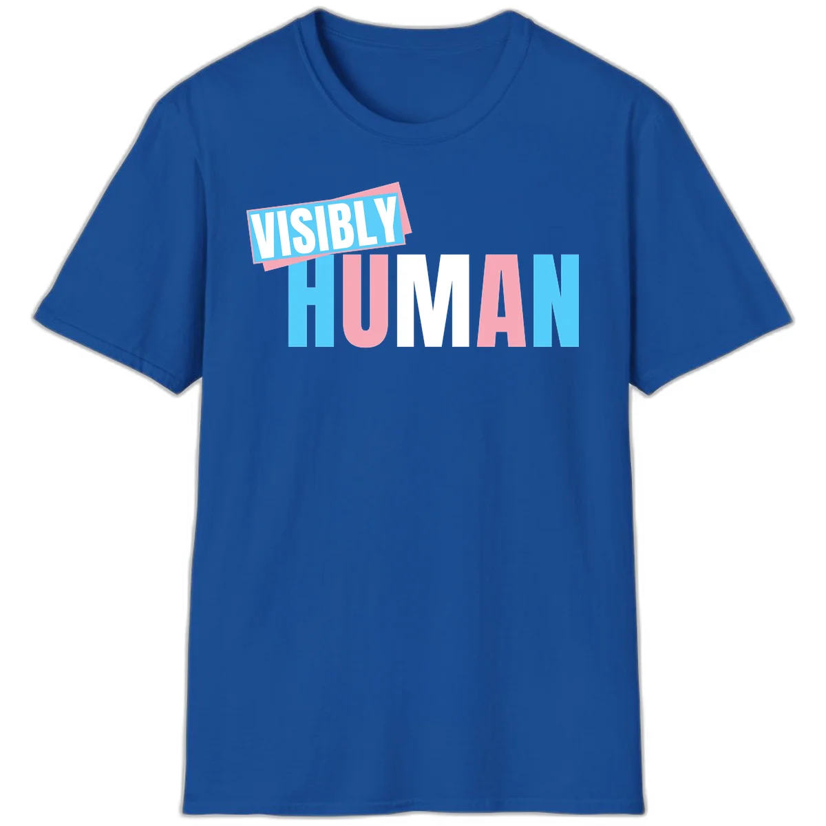 Bold typography design reading 'VISIBLY HUMAN' in cyan, pink, and white letters with diagonal 'VISIBLY' banner overlay on gray background in Royal