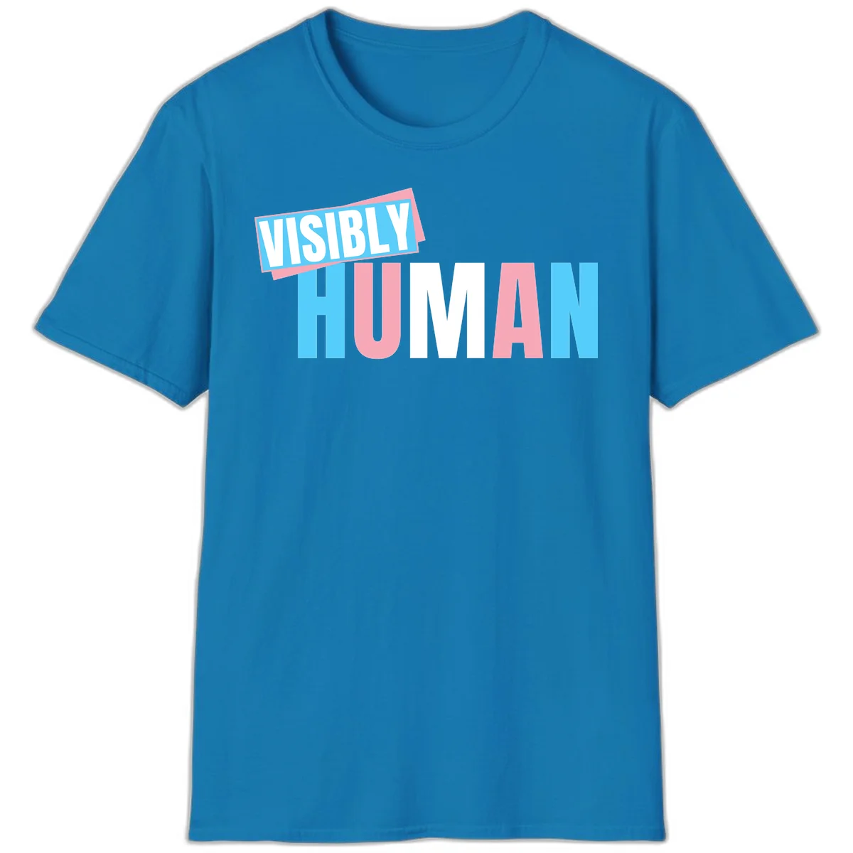 Bold typography design reading 'VISIBLY HUMAN' in cyan, pink, and white letters with diagonal 'VISIBLY' banner overlay on gray background in Sapphire