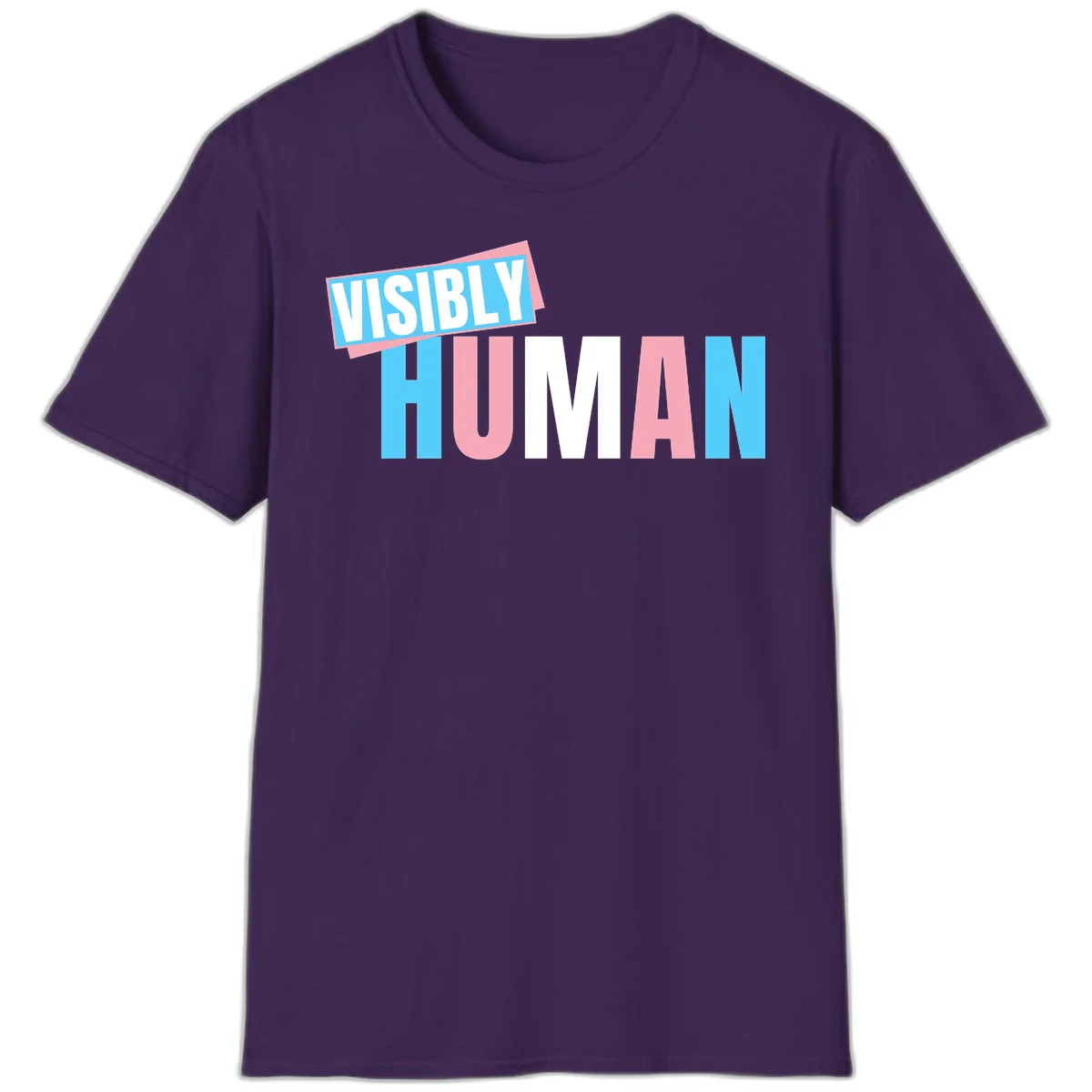 Bold typography design reading 'VISIBLY HUMAN' in cyan, pink, and white letters with diagonal 'VISIBLY' banner overlay on gray background in Purple