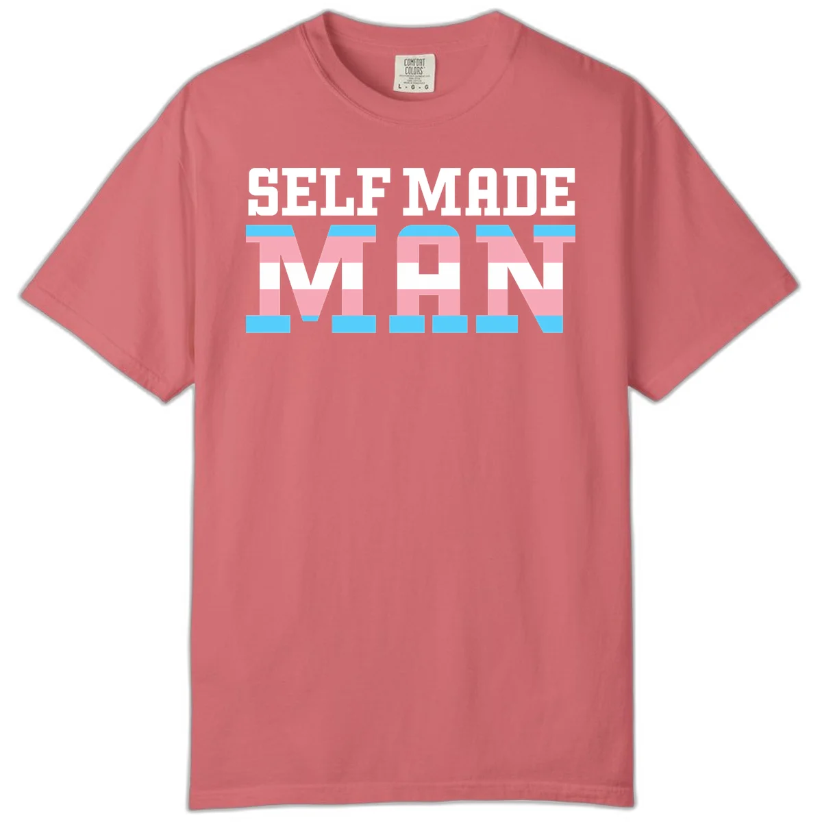 Bold 'Self Made' text filled with transgender pride flag stripes in blue, pink, and white on gray background in Watermelon