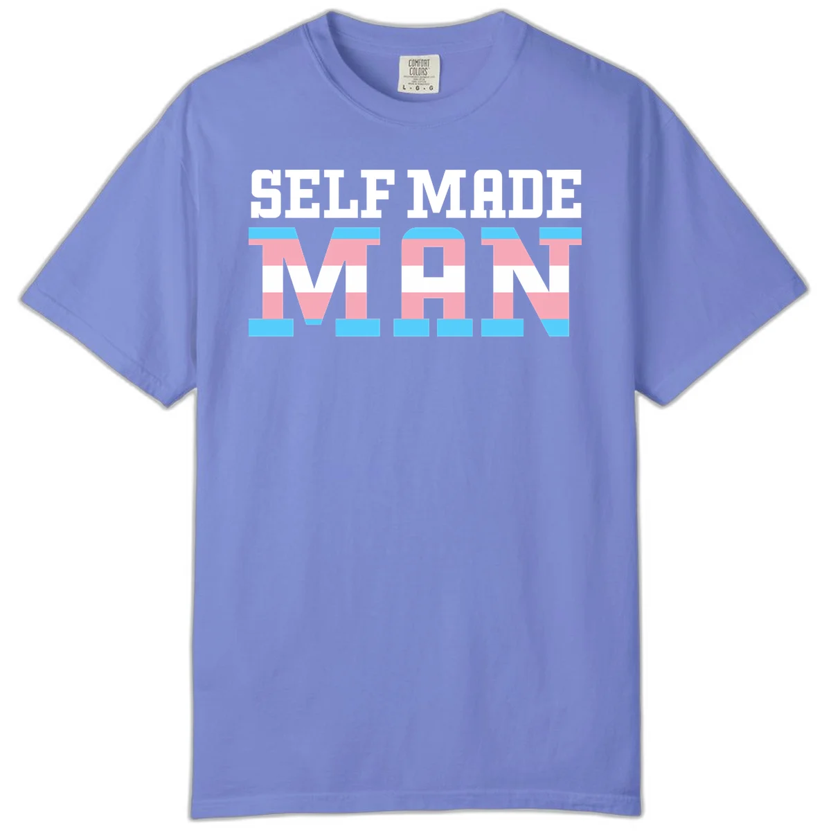 Bold 'Self Made' text filled with transgender pride flag stripes in blue, pink, and white on gray background in Flo Blue