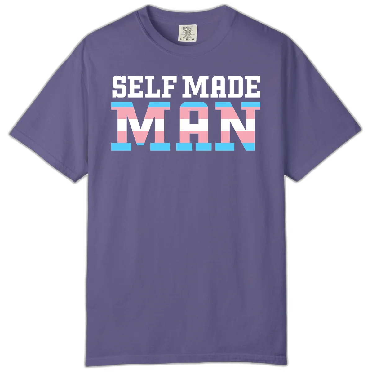 Bold 'Self Made' text filled with transgender pride flag stripes in blue, pink, and white on gray background in Grape