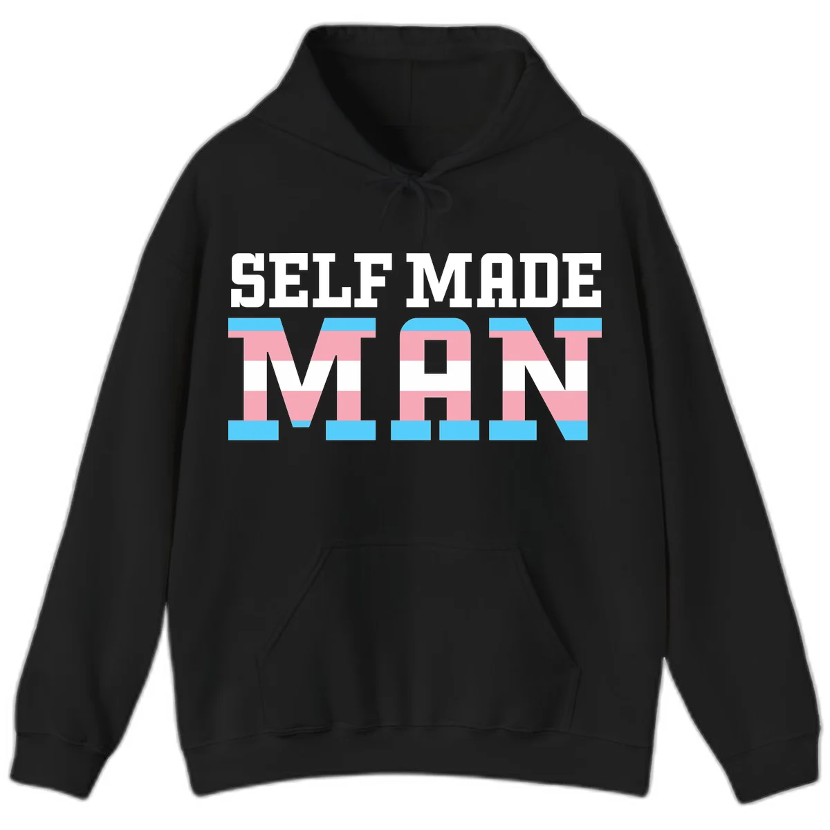 Bold 'Self Made' text filled with transgender pride flag stripes in blue, pink, and white on gray background in Black