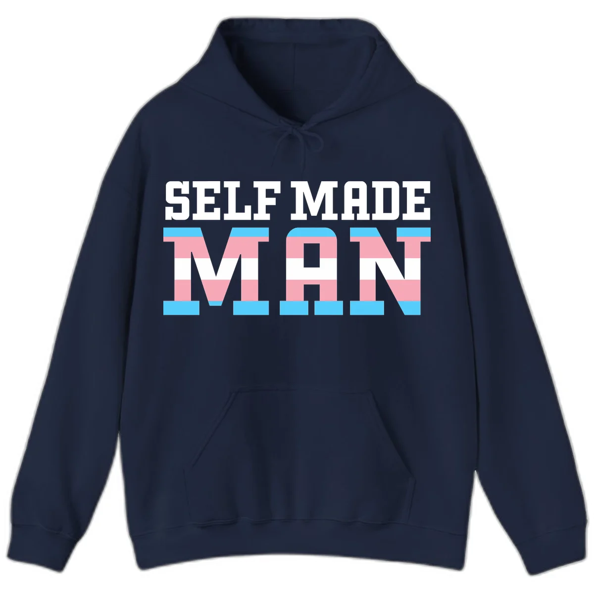 Bold 'Self Made' text filled with transgender pride flag stripes in blue, pink, and white on gray background in Navy