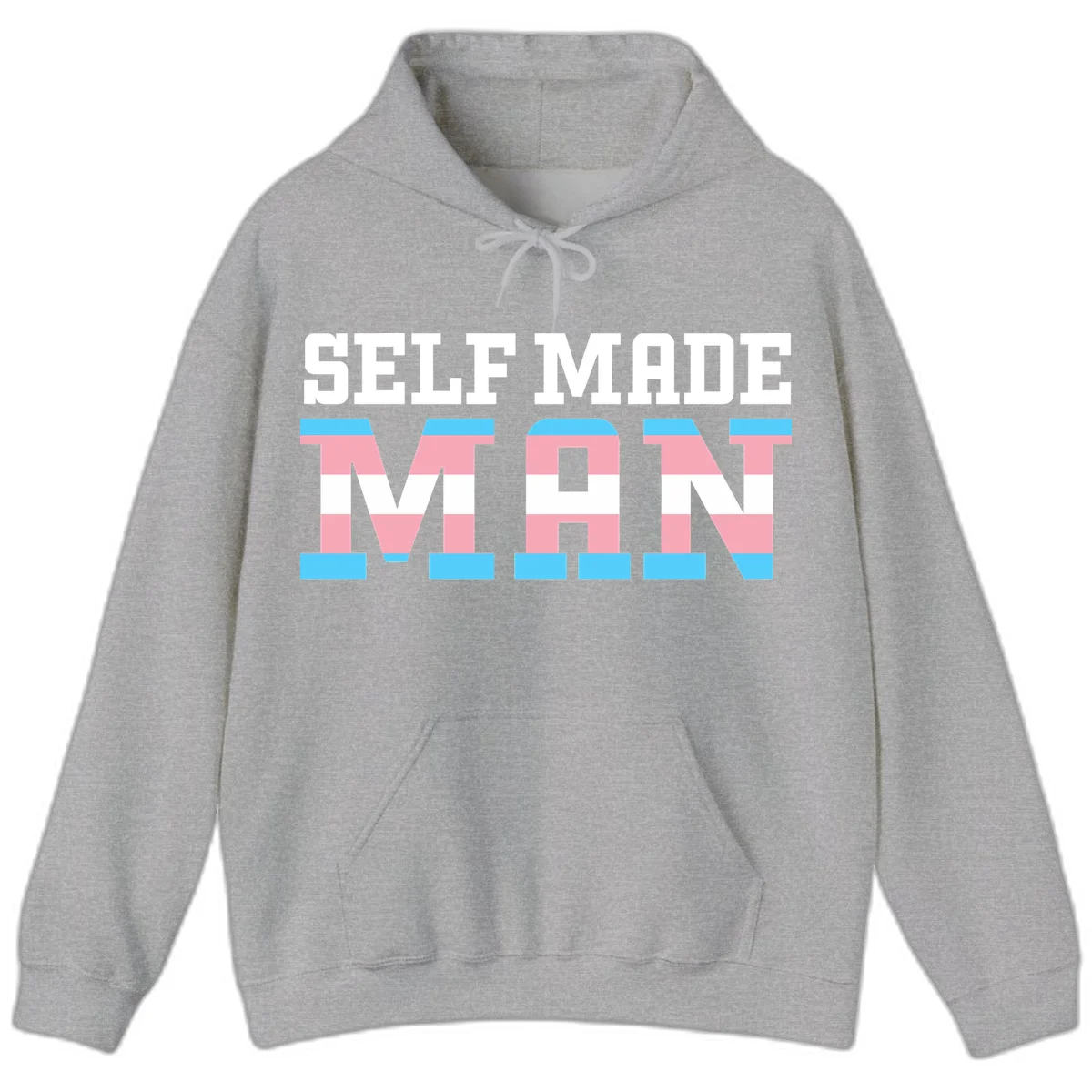 Bold 'Self Made' text filled with transgender pride flag stripes in blue, pink, and white on gray background in Sport Grey
