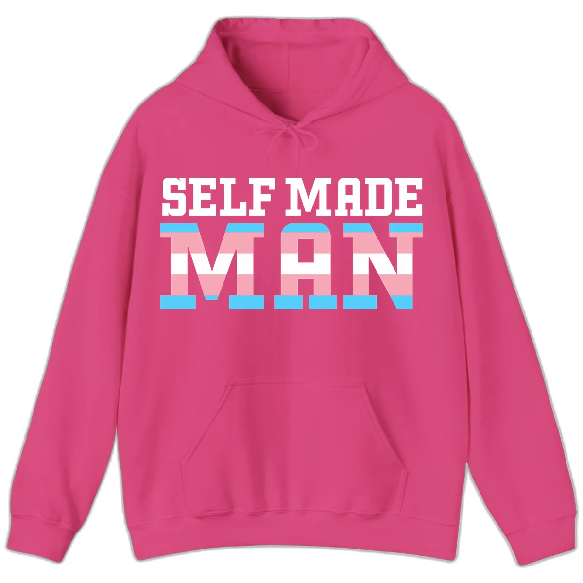 Bold 'Self Made' text filled with transgender pride flag stripes in blue, pink, and white on gray background in Heliconia