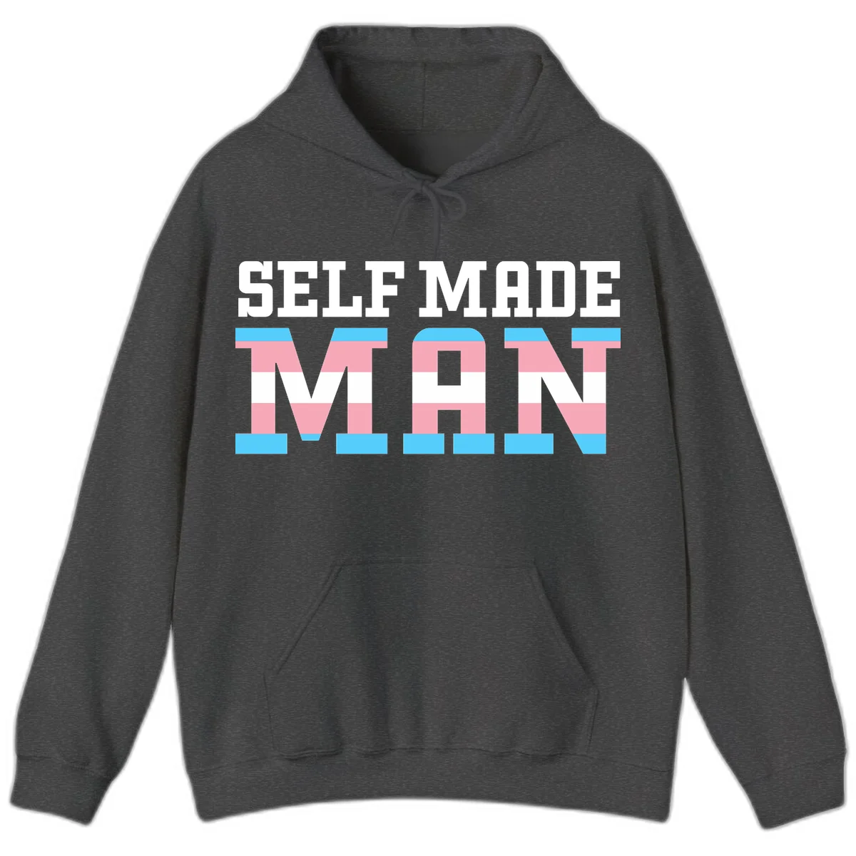 Bold 'Self Made' text filled with transgender pride flag stripes in blue, pink, and white on gray background in Dark Heather