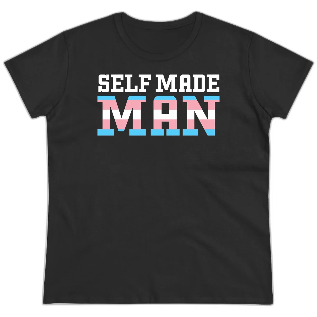 Bold 'Self Made' text filled with transgender pride flag stripes in blue, pink, and white on gray background in Black