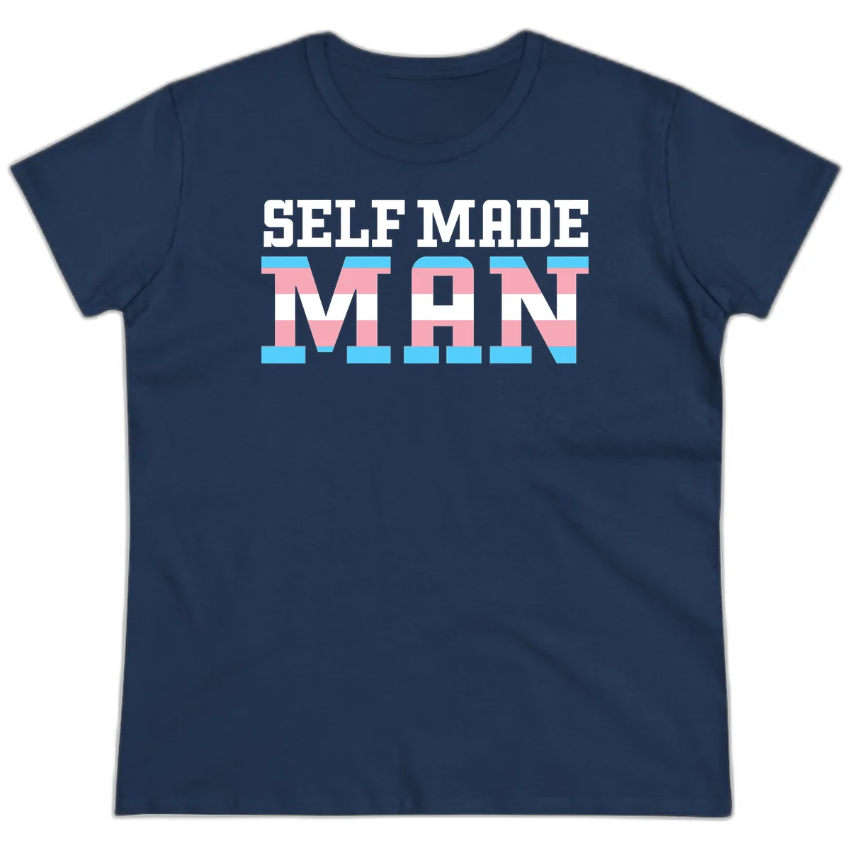 Bold 'Self Made' text filled with transgender pride flag stripes in blue, pink, and white on gray background in Navy