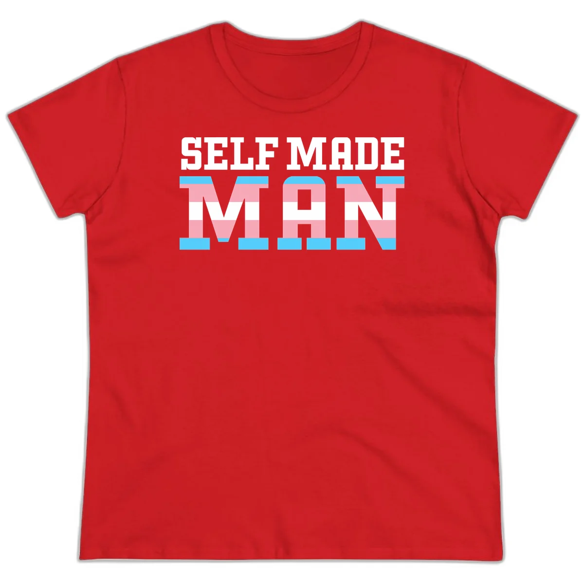 Bold 'Self Made' text filled with transgender pride flag stripes in blue, pink, and white on gray background in Red
