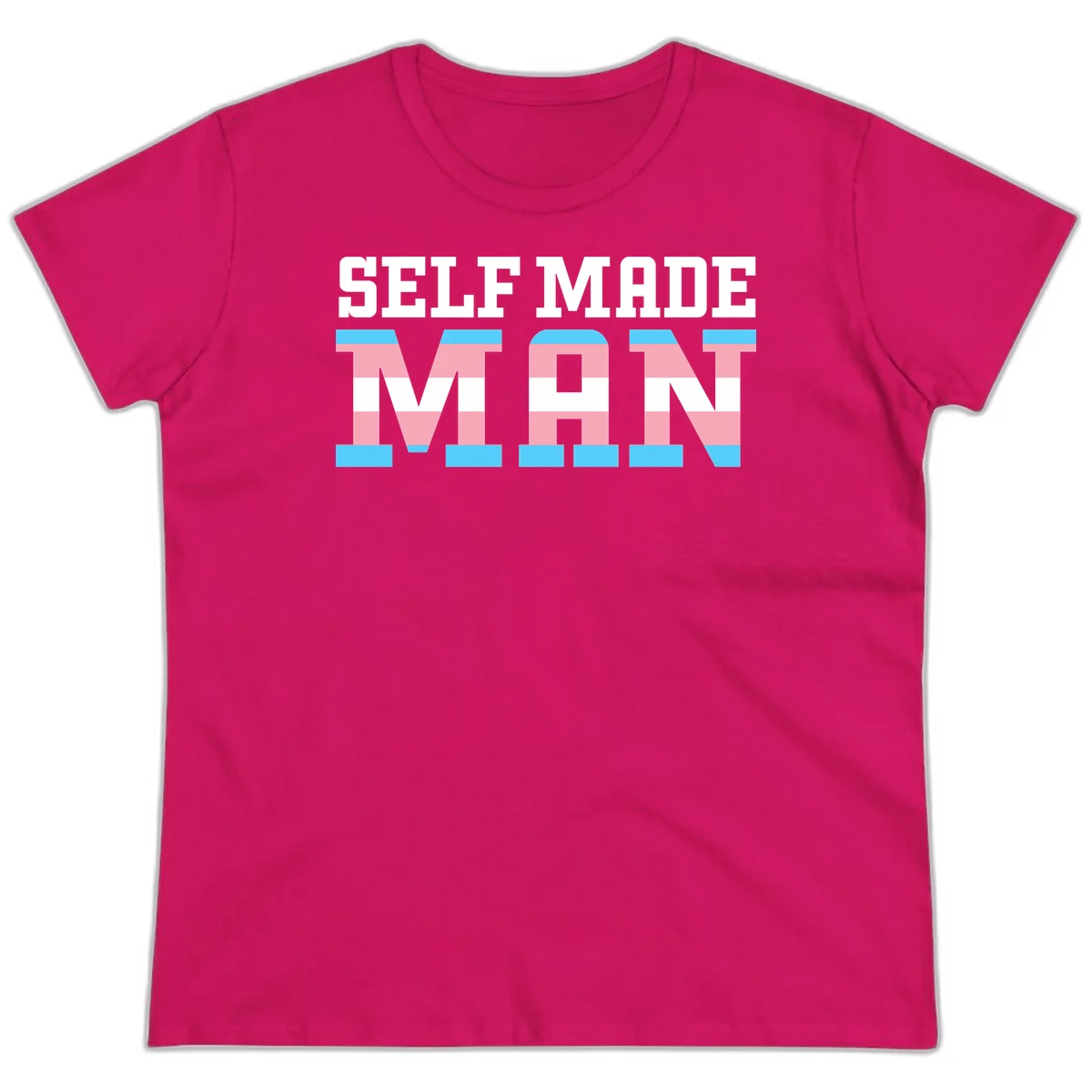 Bold 'Self Made' text filled with transgender pride flag stripes in blue, pink, and white on gray background in Heliconia