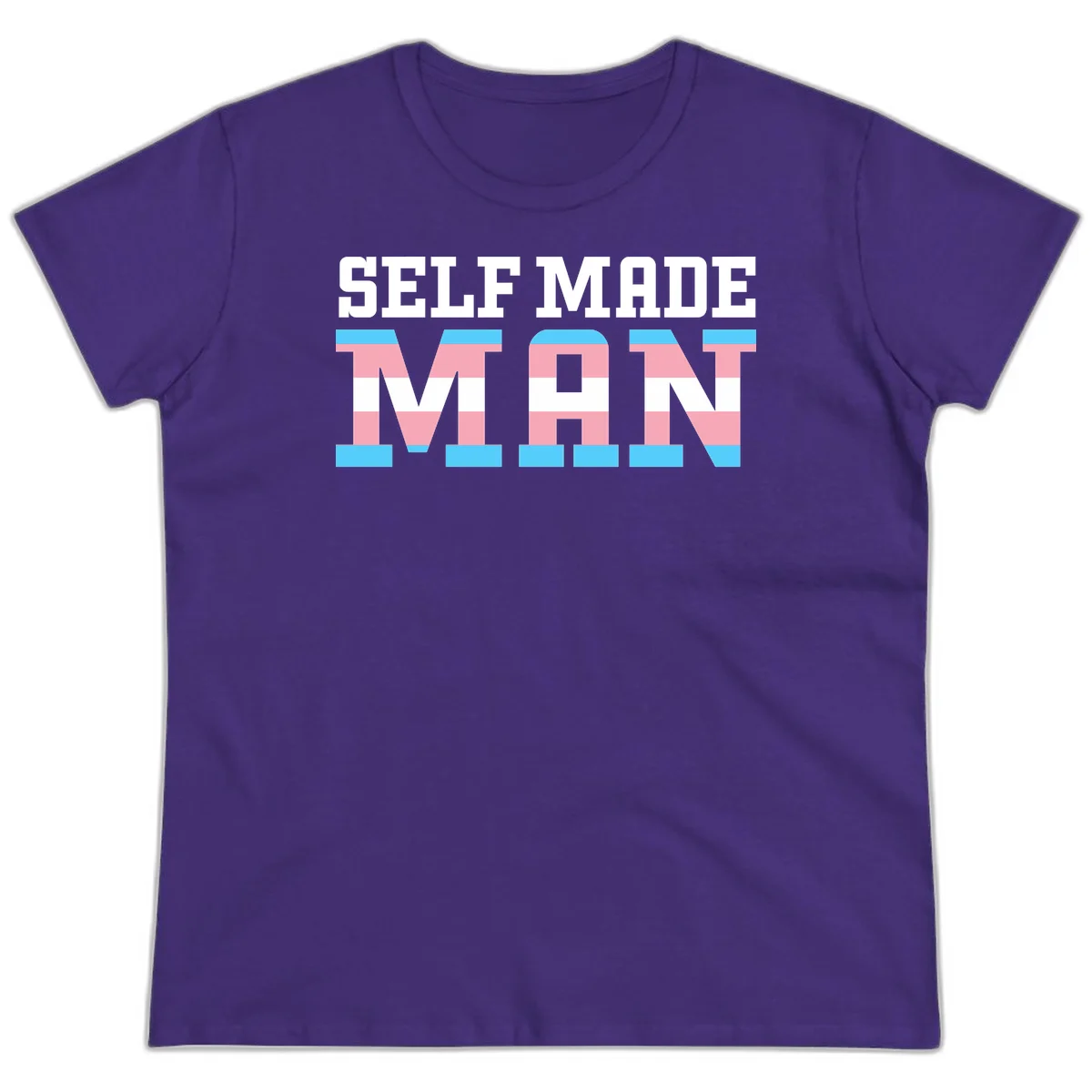Bold 'Self Made' text filled with transgender pride flag stripes in blue, pink, and white on gray background in Purple