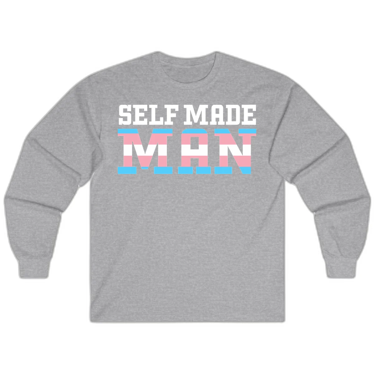 Bold 'Self Made' text filled with transgender pride flag stripes in blue, pink, and white on gray background in Sport Grey