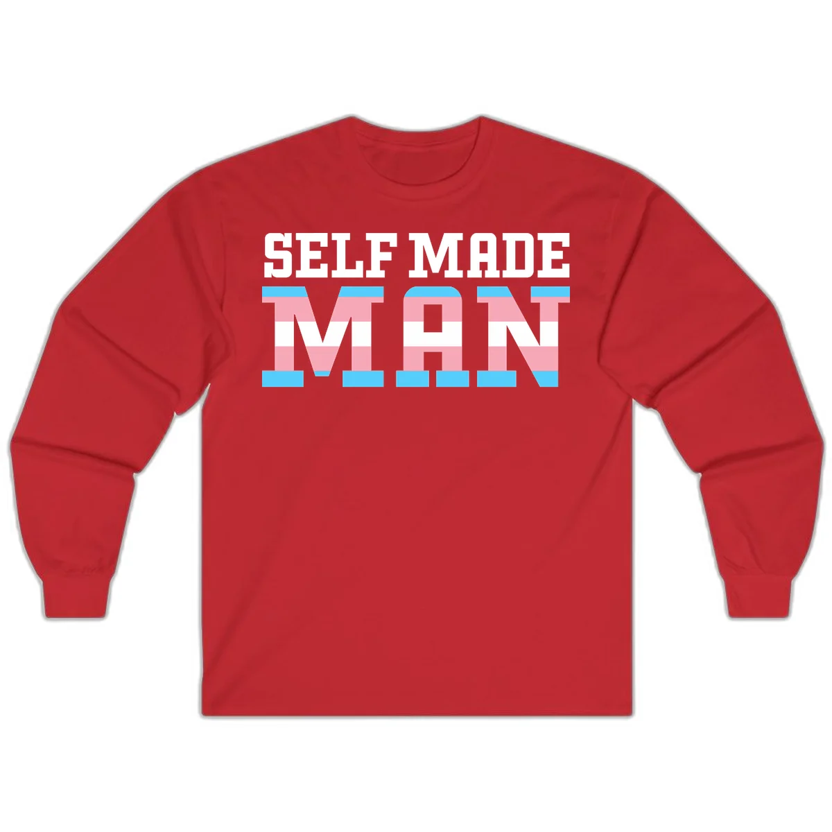 Bold 'Self Made' text filled with transgender pride flag stripes in blue, pink, and white on gray background in Red