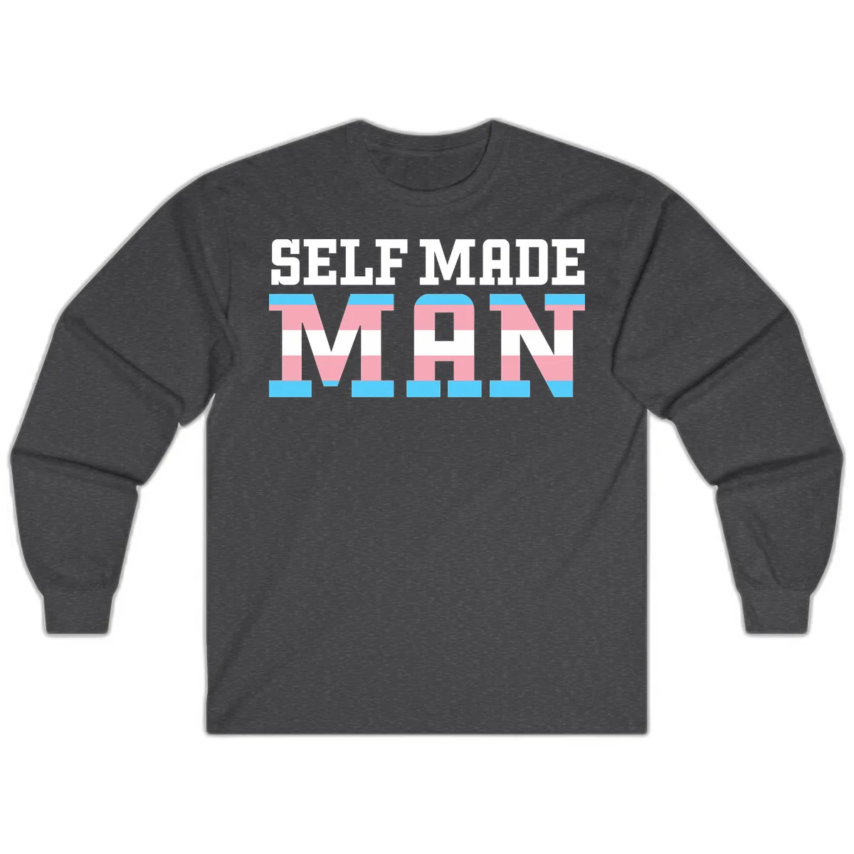 Bold 'Self Made' text filled with transgender pride flag stripes in blue, pink, and white on gray background in Dark Heather