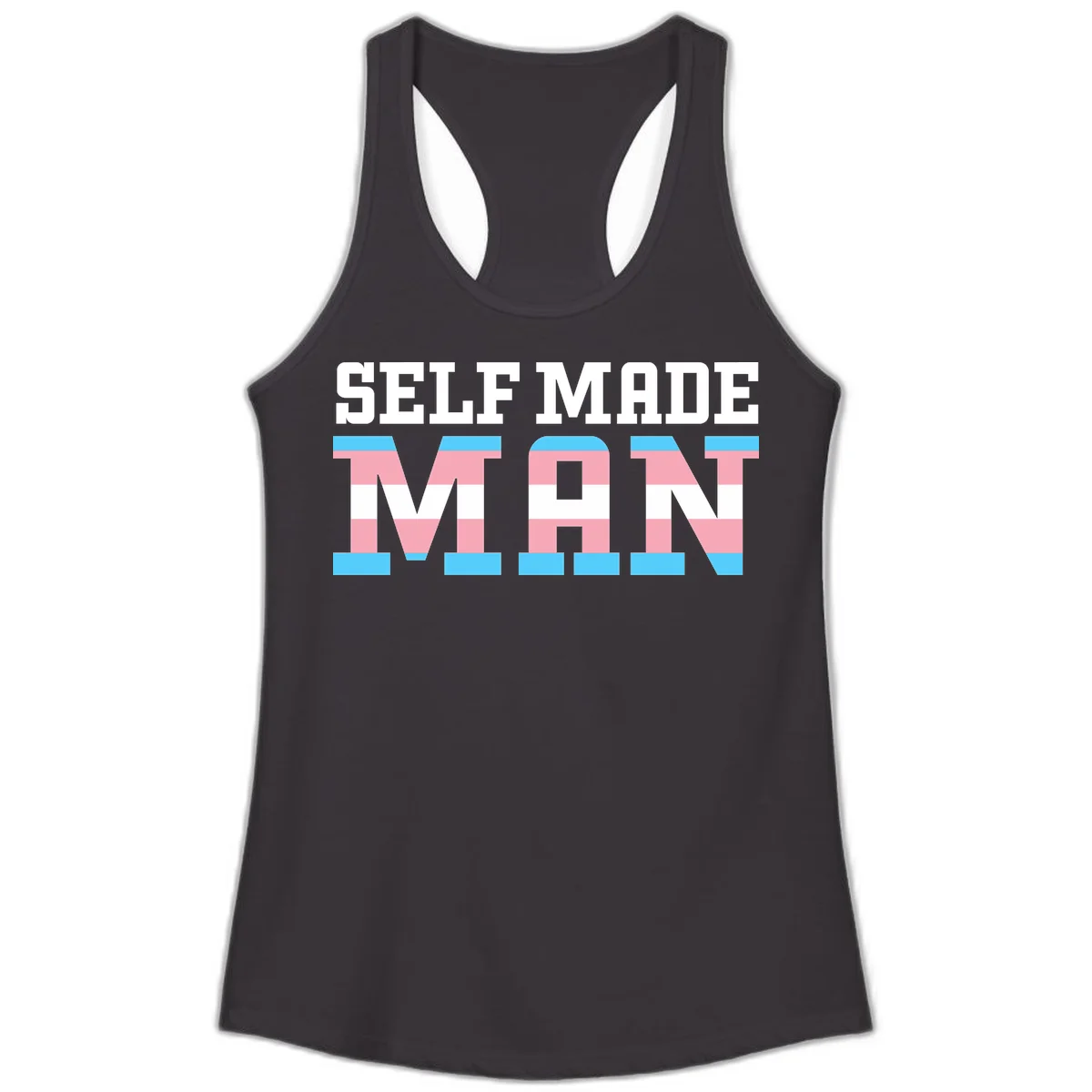 Bold 'Self Made' text filled with transgender pride flag stripes in blue, pink, and white on gray background in Black