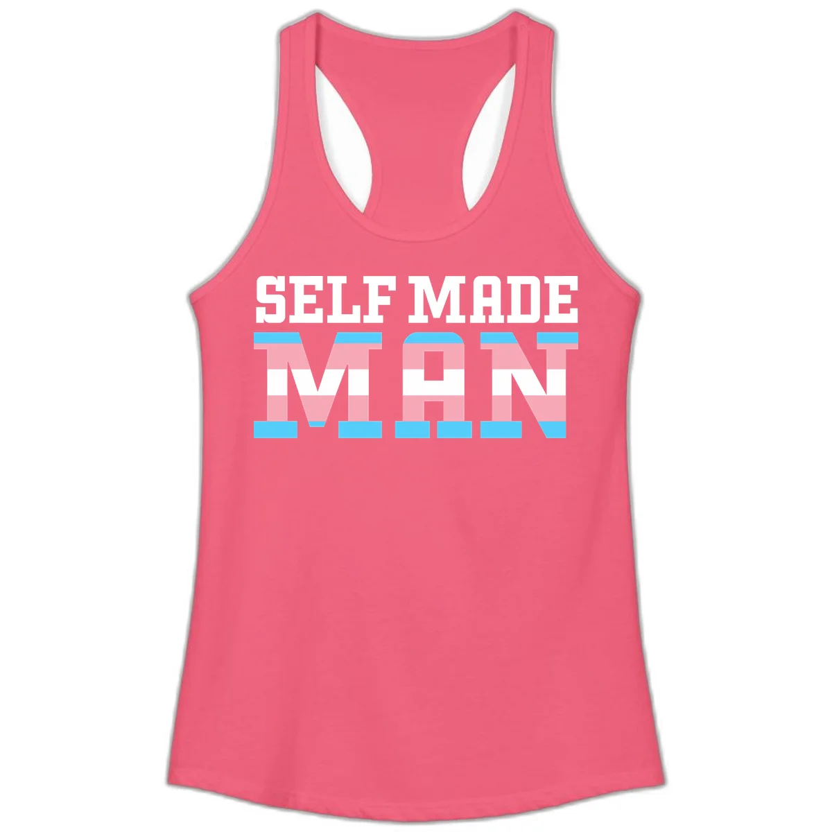 Bold 'Self Made' text filled with transgender pride flag stripes in blue, pink, and white on gray background in Hot Pink