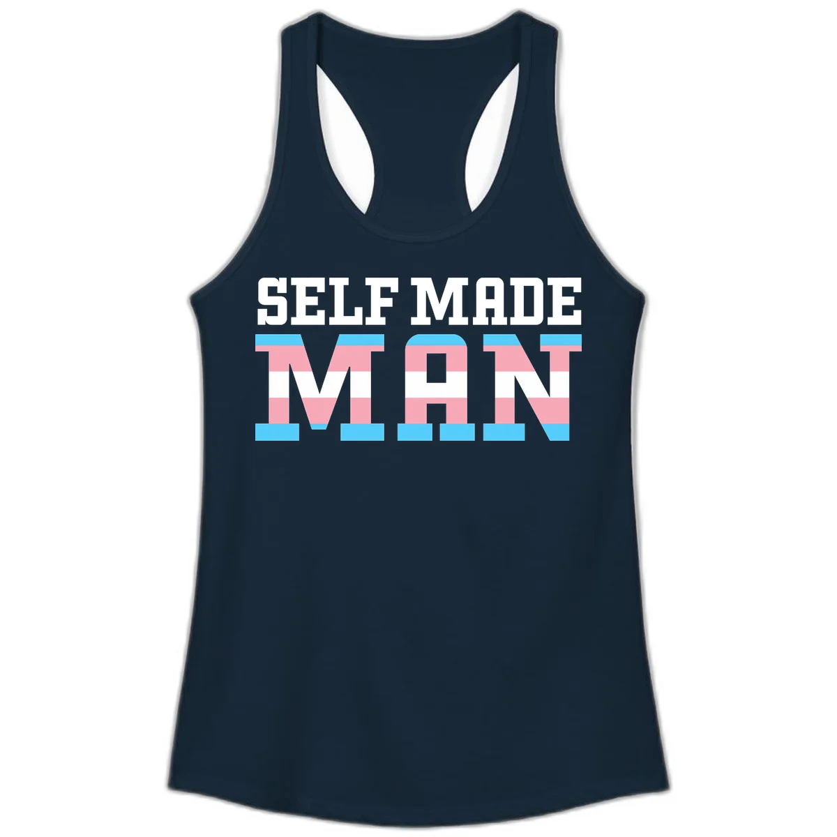 Bold 'Self Made' text filled with transgender pride flag stripes in blue, pink, and white on gray background in Solid Midnight Navy