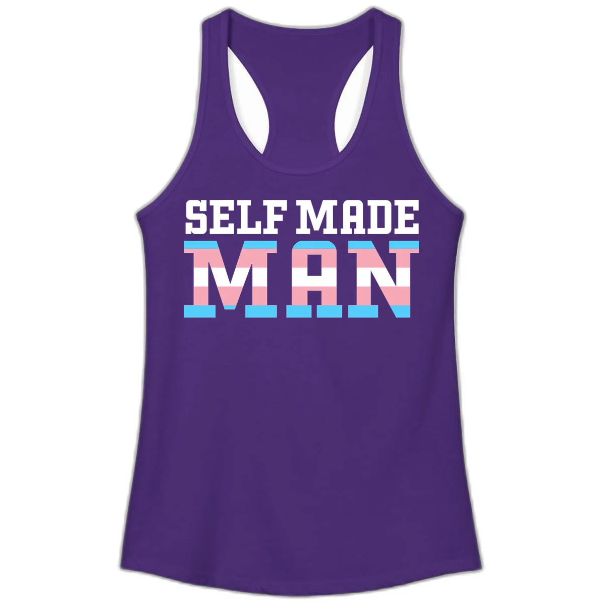 Bold 'Self Made' text filled with transgender pride flag stripes in blue, pink, and white on gray background in Solid Purple Rush