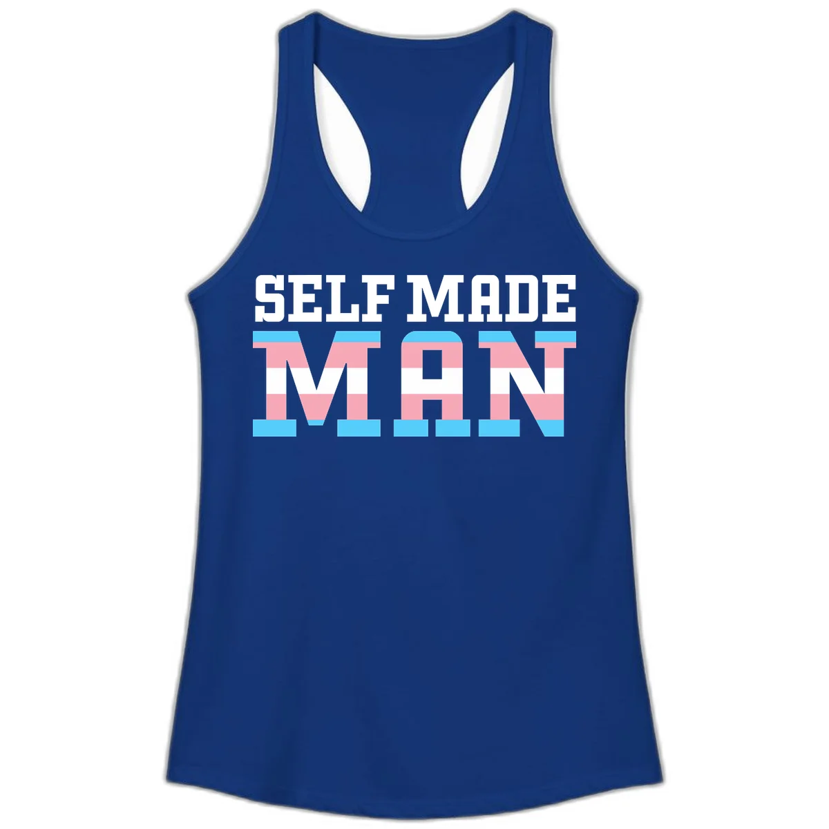 Bold 'Self Made' text filled with transgender pride flag stripes in blue, pink, and white on gray background in Solid Royal