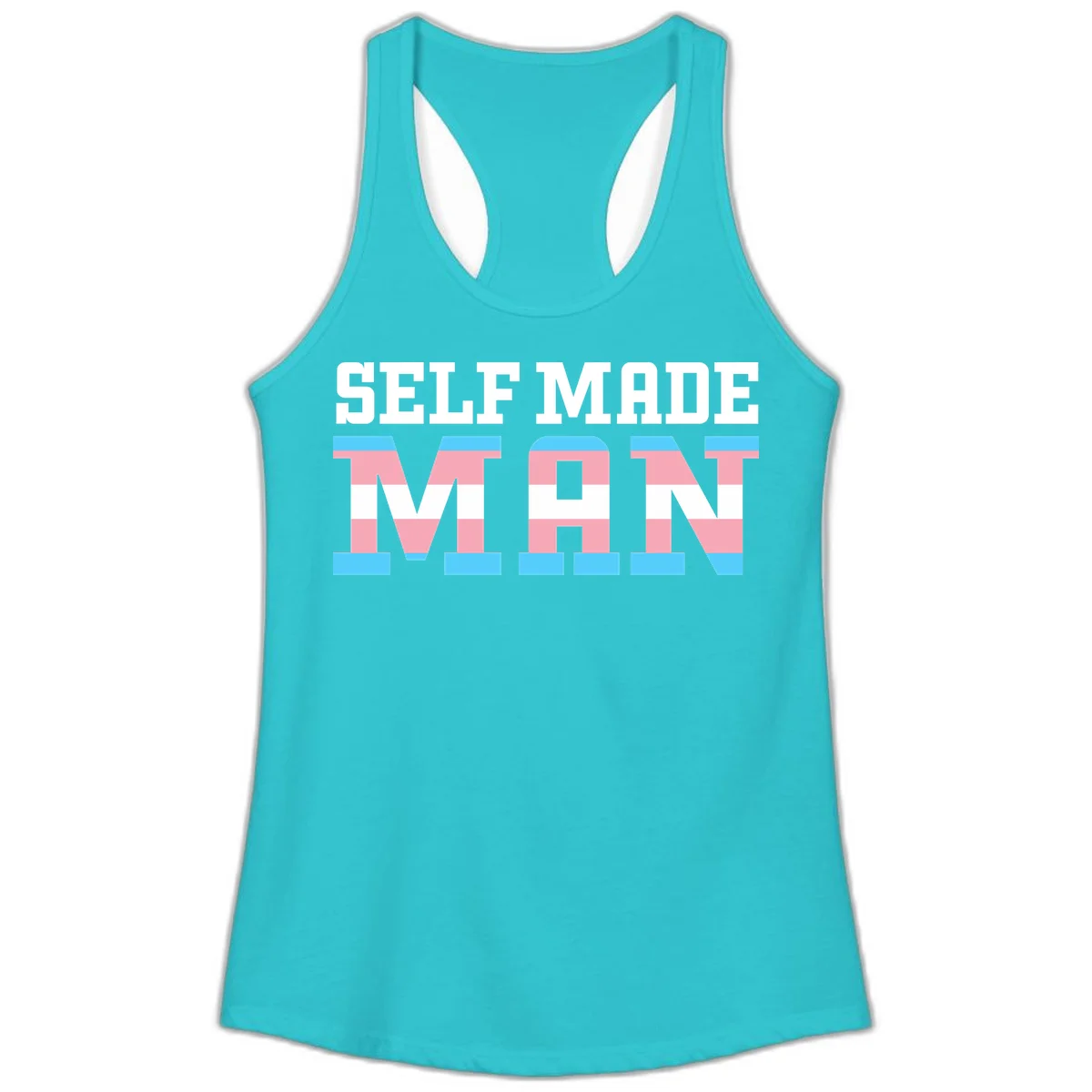 Bold 'Self Made' text filled with transgender pride flag stripes in blue, pink, and white on gray background in Solid Tahiti Blue