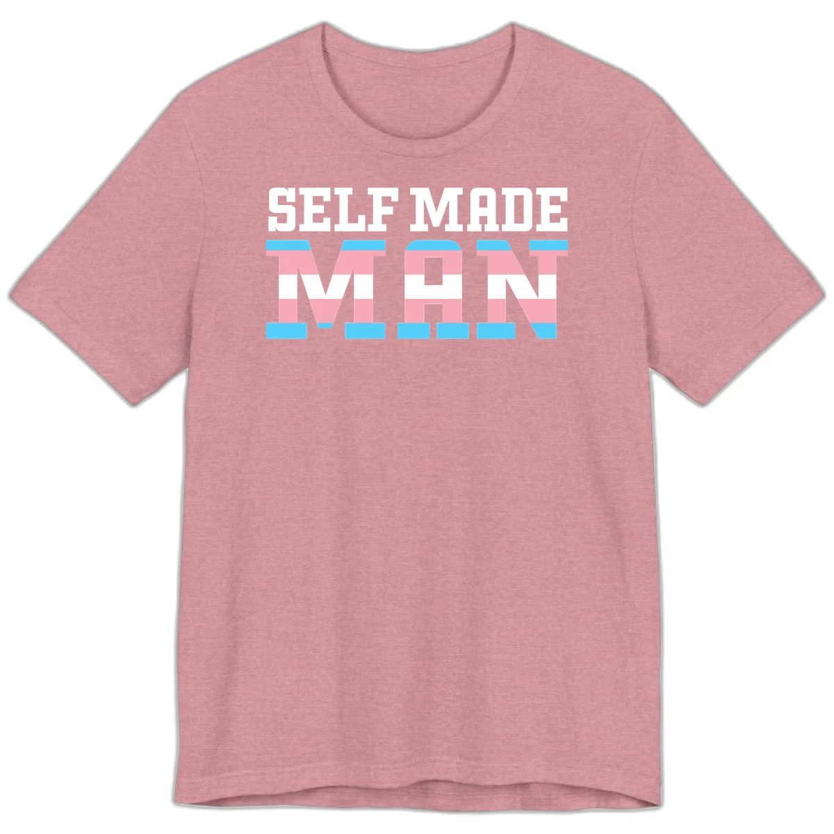 Bold 'Self Made' text filled with transgender pride flag stripes in blue, pink, and white on gray background in Heather Orchid