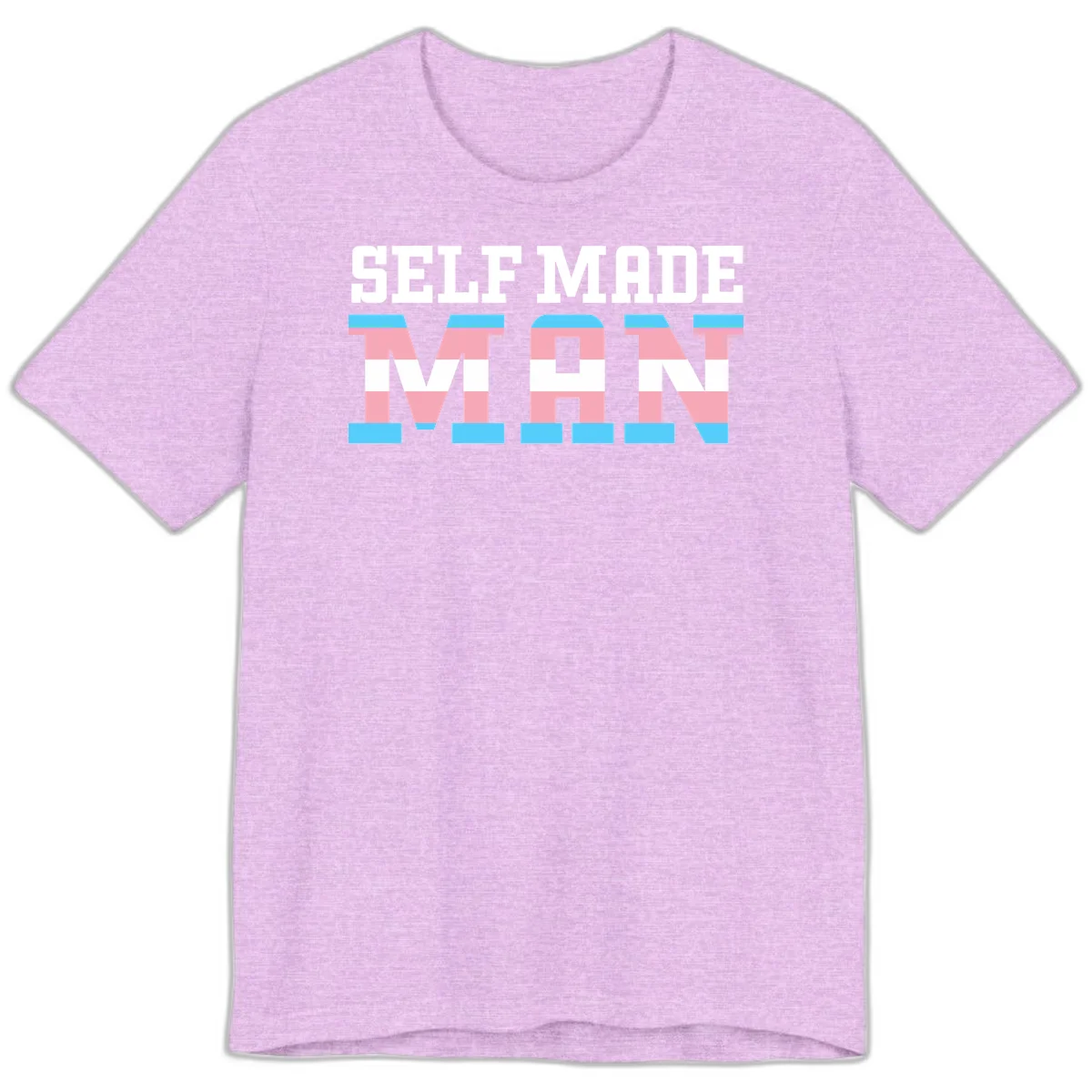 Bold 'Self Made' text filled with transgender pride flag stripes in blue, pink, and white on gray background in Heather Prism Lilac