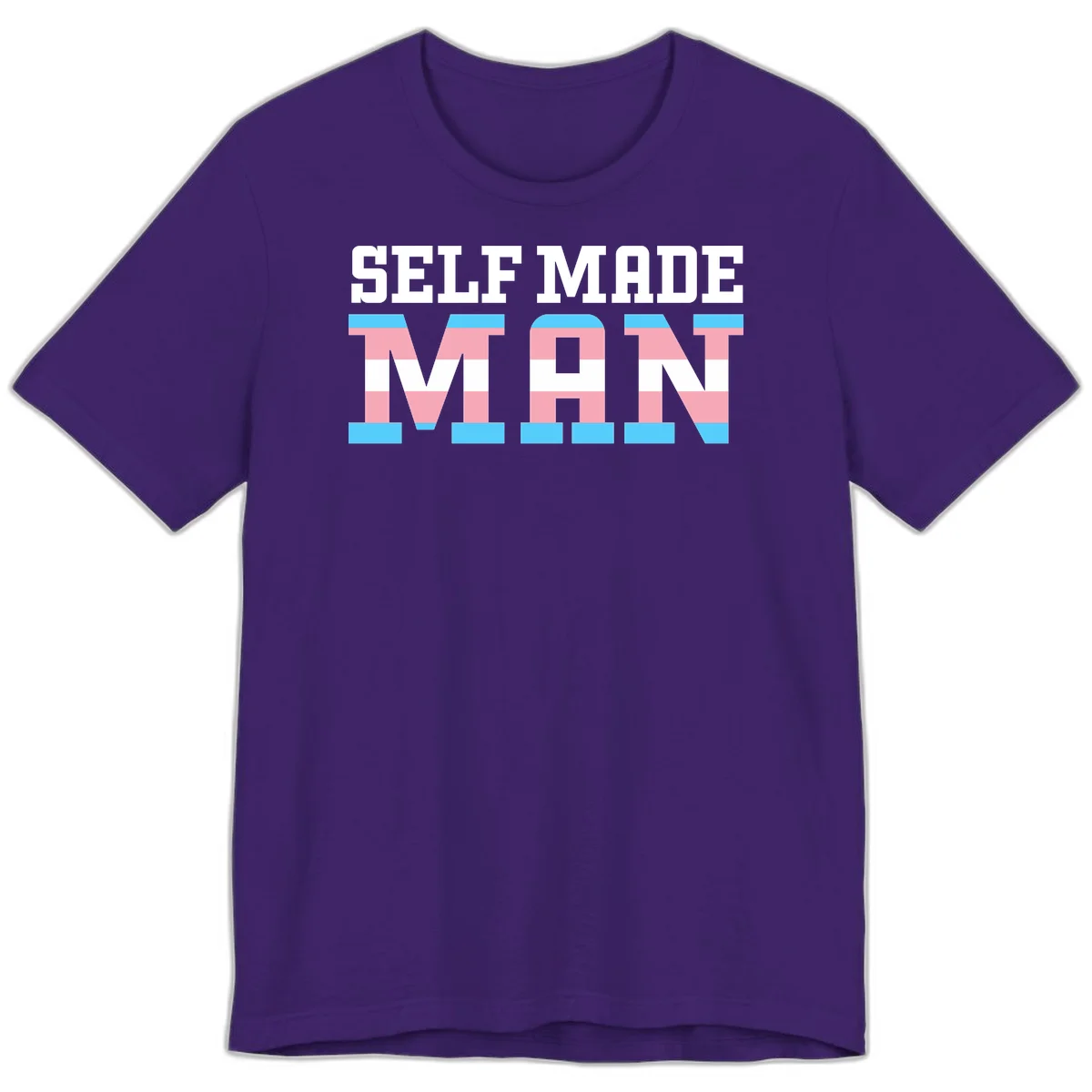 Bold 'Self Made' text filled with transgender pride flag stripes in blue, pink, and white on gray background in Team Purple