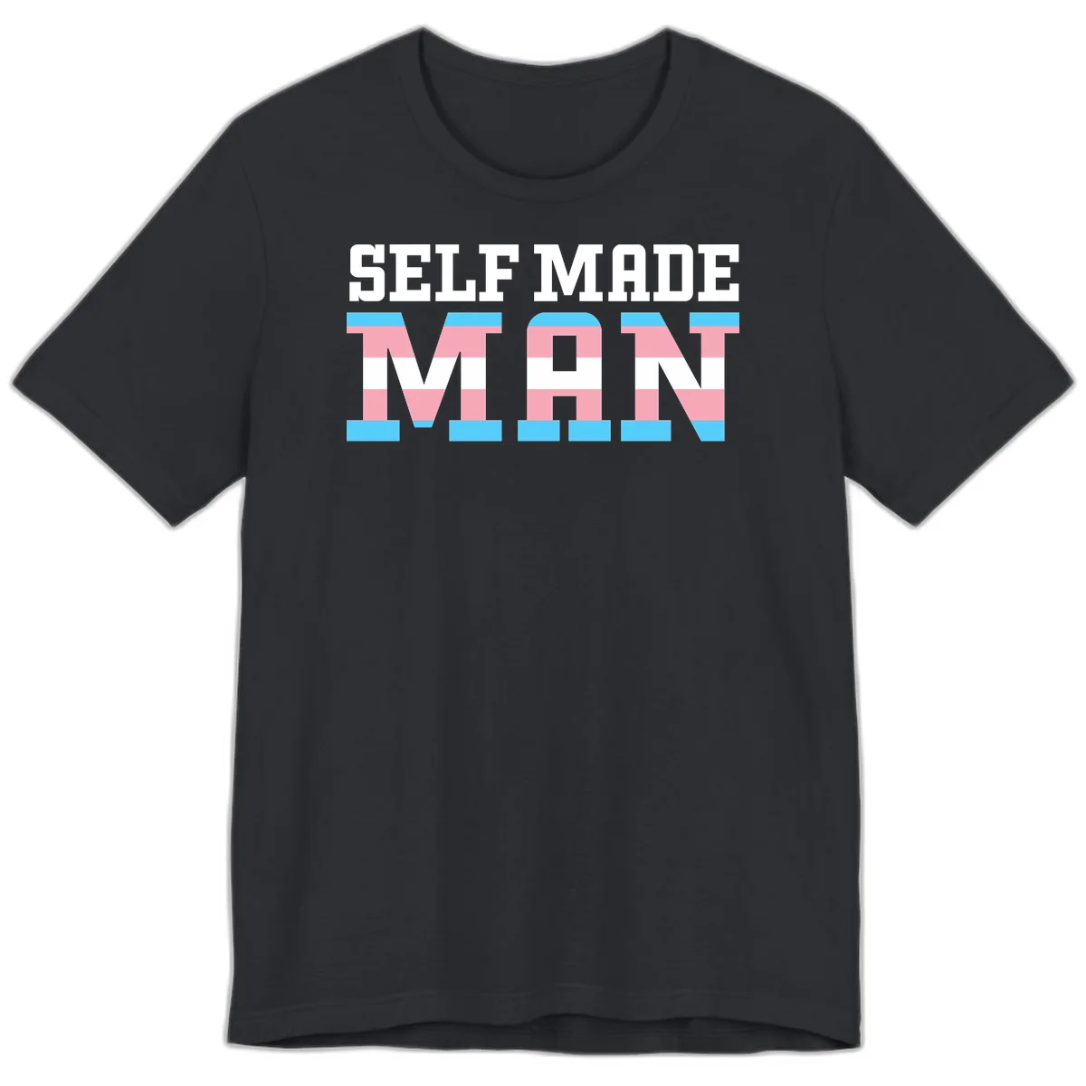 Bold 'Self Made' text filled with transgender pride flag stripes in blue, pink, and white on gray background in Vintage Black