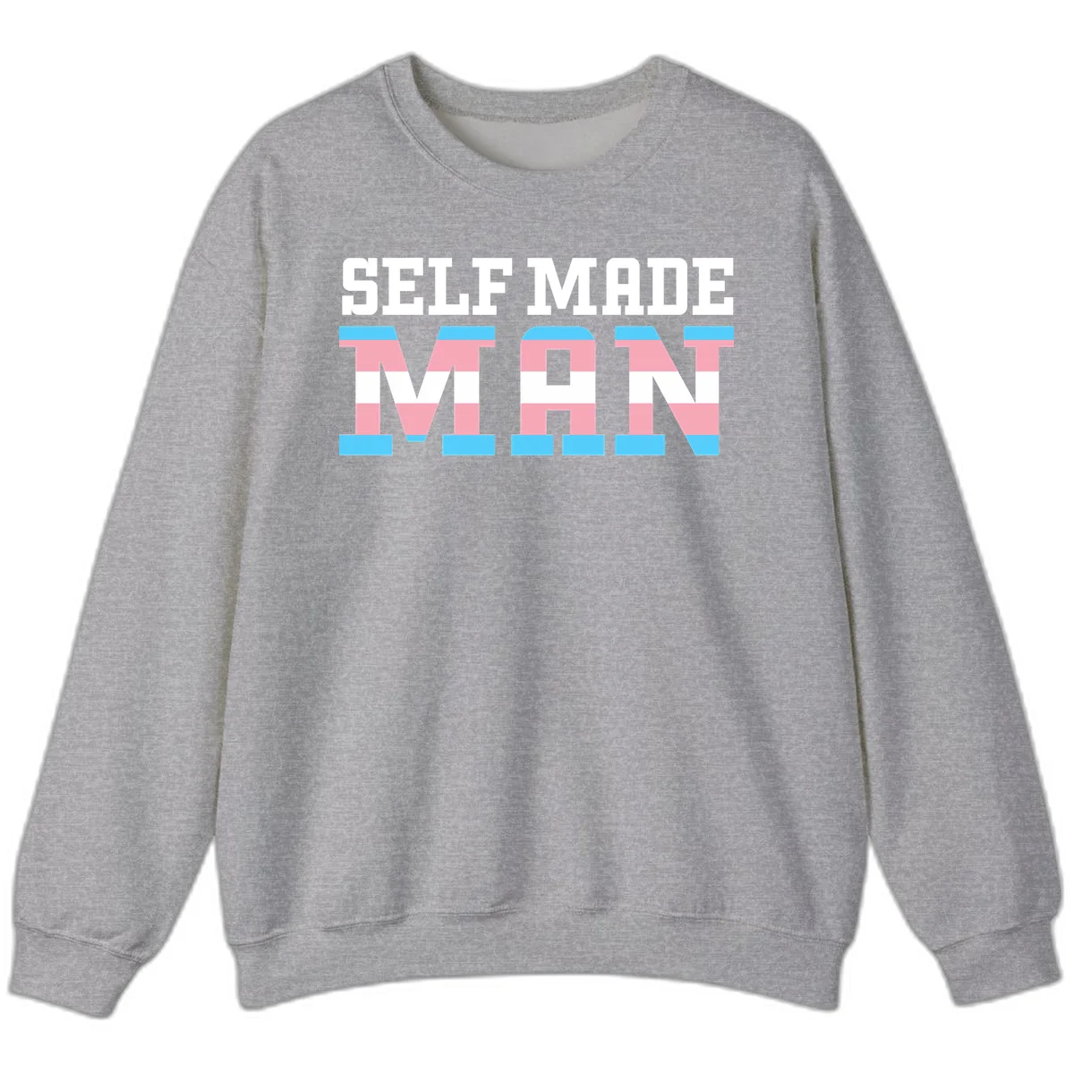 Bold 'Self Made' text filled with transgender pride flag stripes in blue, pink, and white on gray background in Sport Grey