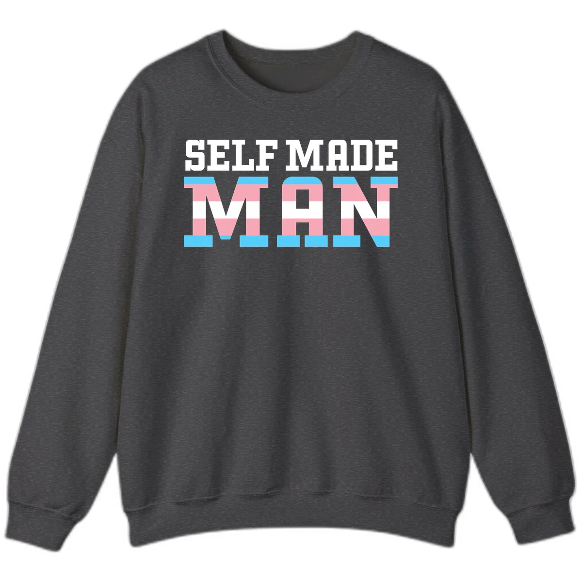 Bold 'Self Made' text filled with transgender pride flag stripes in blue, pink, and white on gray background in Dark Heather