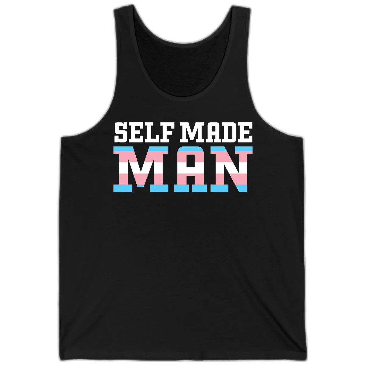 Bold 'Self Made' text filled with transgender pride flag stripes in blue, pink, and white on gray background in Black