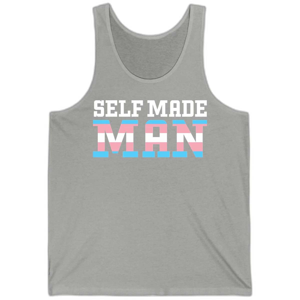 Bold 'Self Made' text filled with transgender pride flag stripes in blue, pink, and white on gray background in Athletic Heather