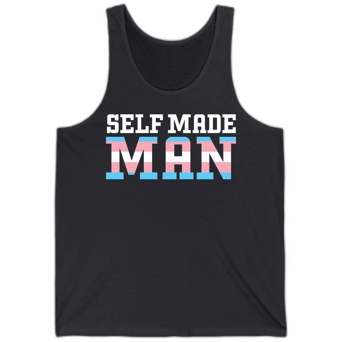 Bold 'Self Made' text filled with transgender pride flag stripes in blue, pink, and white on gray background in Dark Grey