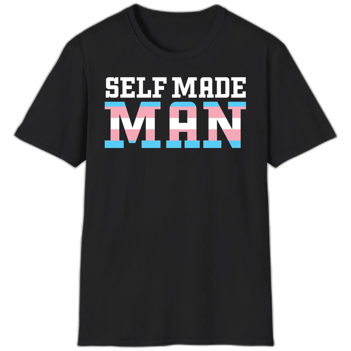 Bold 'Self Made' text filled with transgender pride flag stripes in blue, pink, and white on gray background in Black
