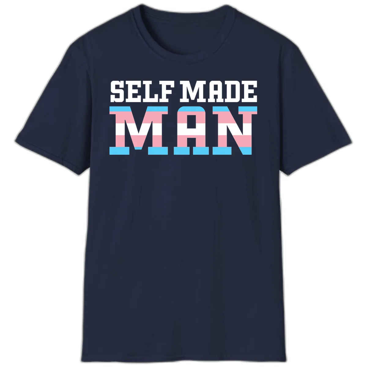 Bold 'Self Made' text filled with transgender pride flag stripes in blue, pink, and white on gray background in Navy