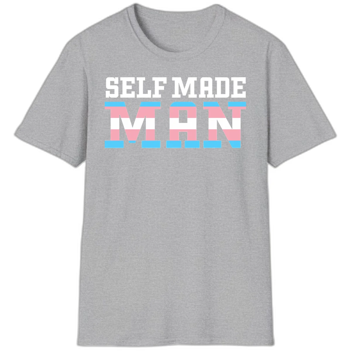 Bold 'Self Made' text filled with transgender pride flag stripes in blue, pink, and white on gray background in Sport Grey