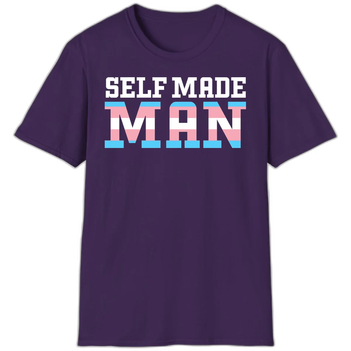 Bold 'Self Made' text filled with transgender pride flag stripes in blue, pink, and white on gray background in Purple