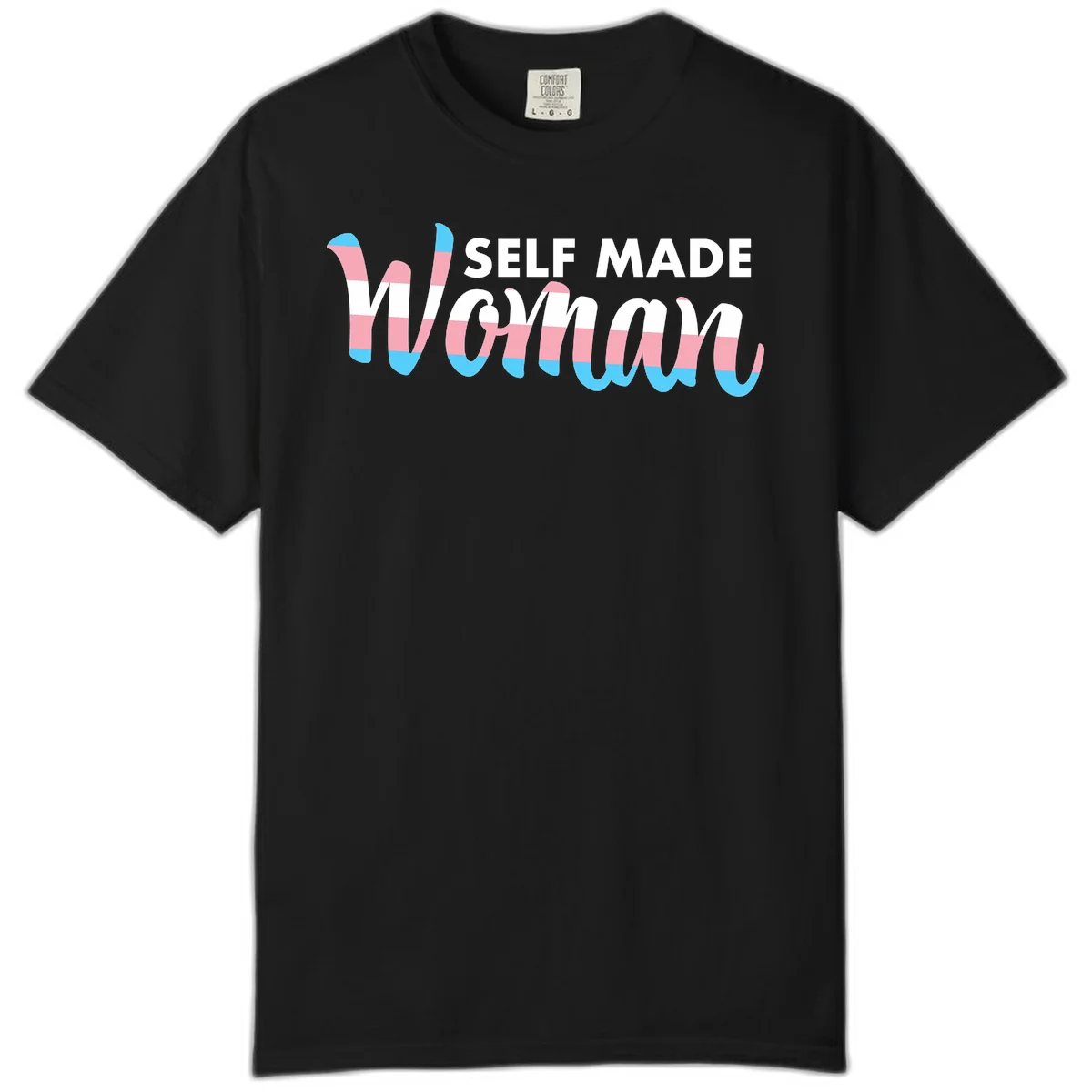 Self Made Woman design featuring bold wavy striped lettering in pink, white, and blue trans flag colors in Black