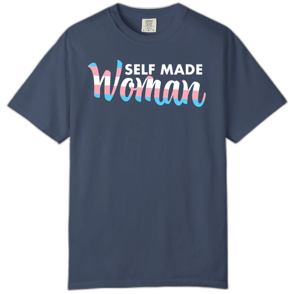Self Made Woman design featuring bold wavy striped lettering in pink, white, and blue trans flag colors in Midnight