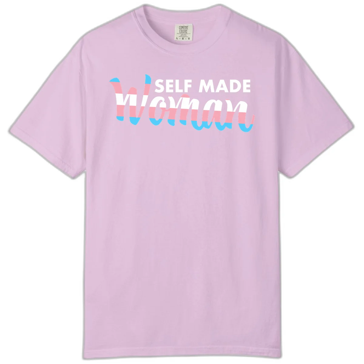 Self Made Woman design featuring bold wavy striped lettering in pink, white, and blue trans flag colors in Orchid