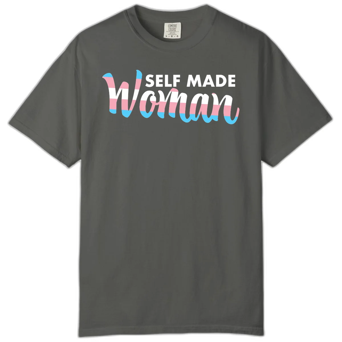 Self Made Woman design featuring bold wavy striped lettering in pink, white, and blue trans flag colors in Pepper