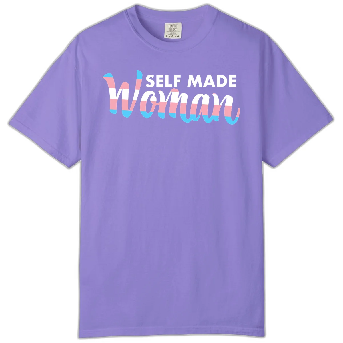 Self Made Woman design featuring bold wavy striped lettering in pink, white, and blue trans flag colors in Violet