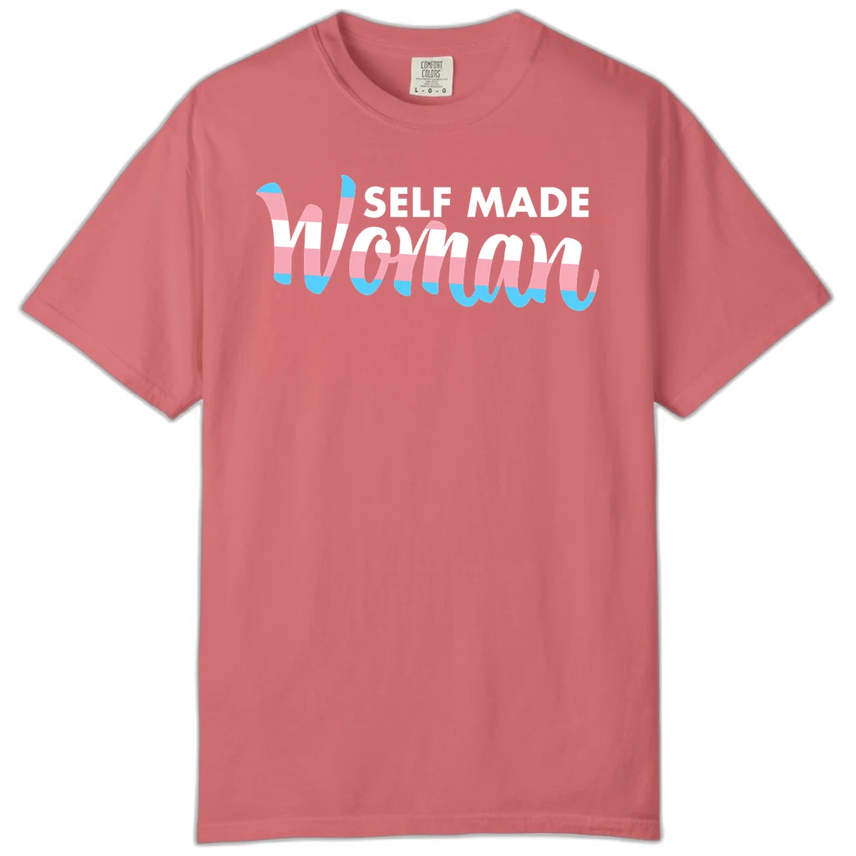 Self Made Woman design featuring bold wavy striped lettering in pink, white, and blue trans flag colors in Watermelon