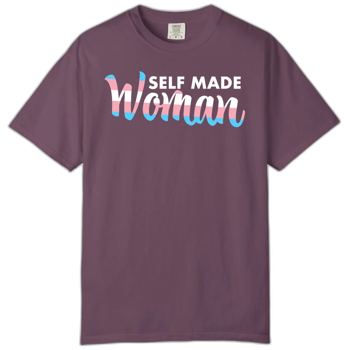 Self Made Woman design featuring bold wavy striped lettering in pink, white, and blue trans flag colors in Berry